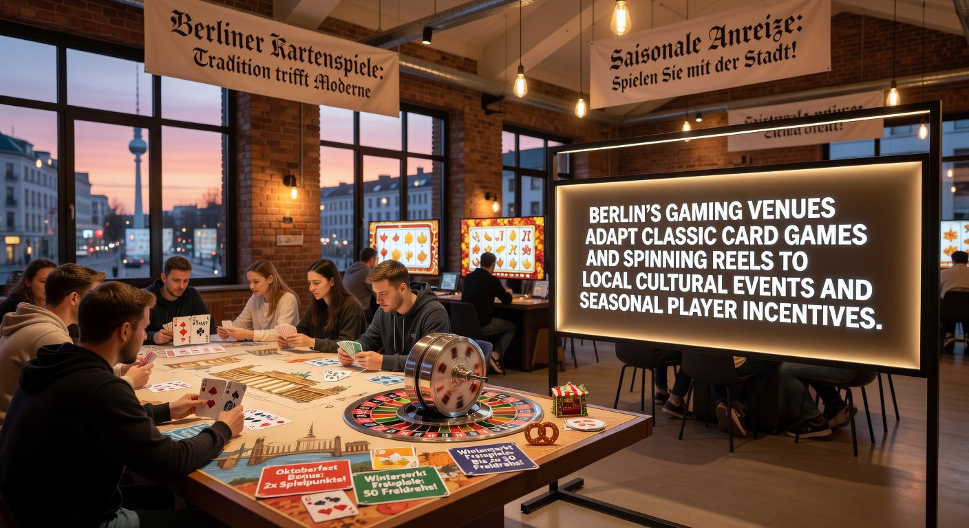 Blick in eine Berliner Gaming-Location mit angepassten Spieltischen und Automaten während eines kulturellen Events