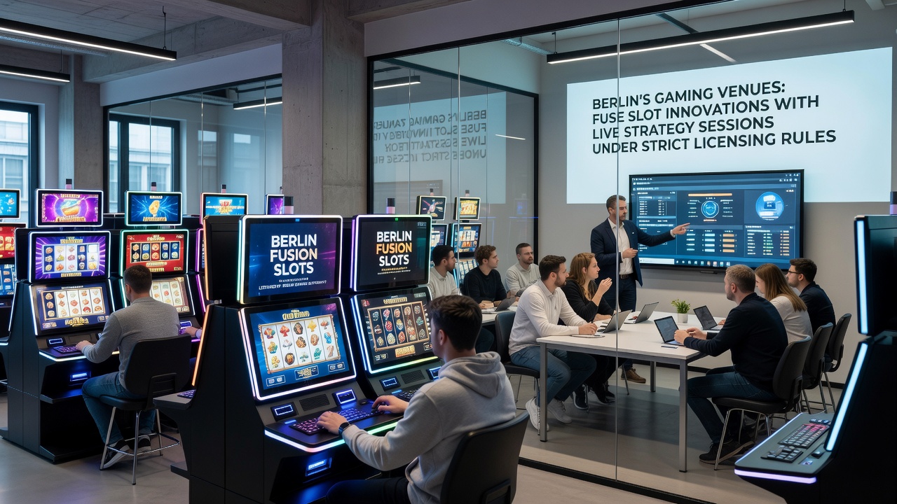 Live-Strategiesitzung mit Teilnehmern an einem Tisch in Berliner Spielstätte mit integrierten Slot-Displays