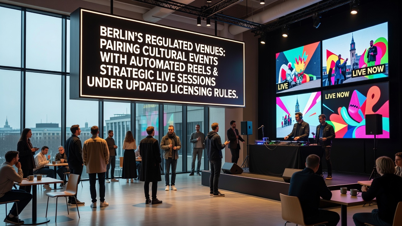 Blick auf eine regulierte Berliner Spielstätte, die kulturelle Events mit automatisierten Walzen und Live-Sessions verbindet
