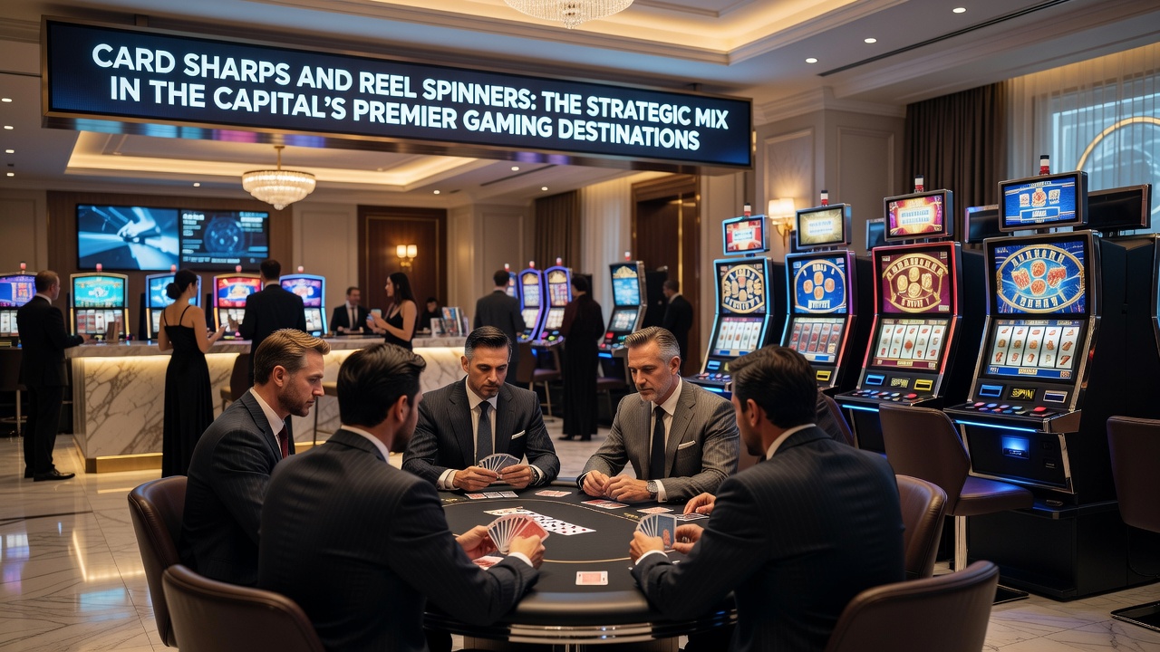 Detailaufnahme eines Berliner Casinos mit Kartentischen und Automatenreihen im Hintergrund