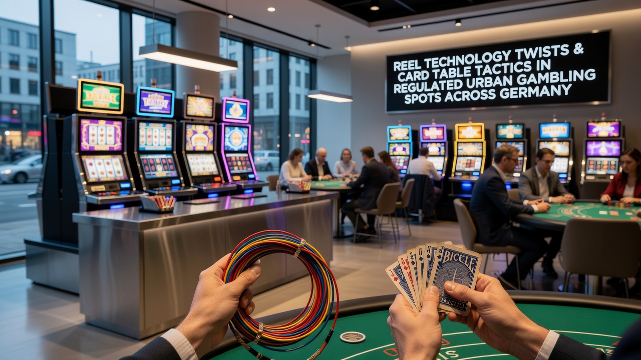 Moderne Spielautomaten mit Walzentechnologie neben klassischen Kartentischen in einer deutschen urbanen Spielstätte