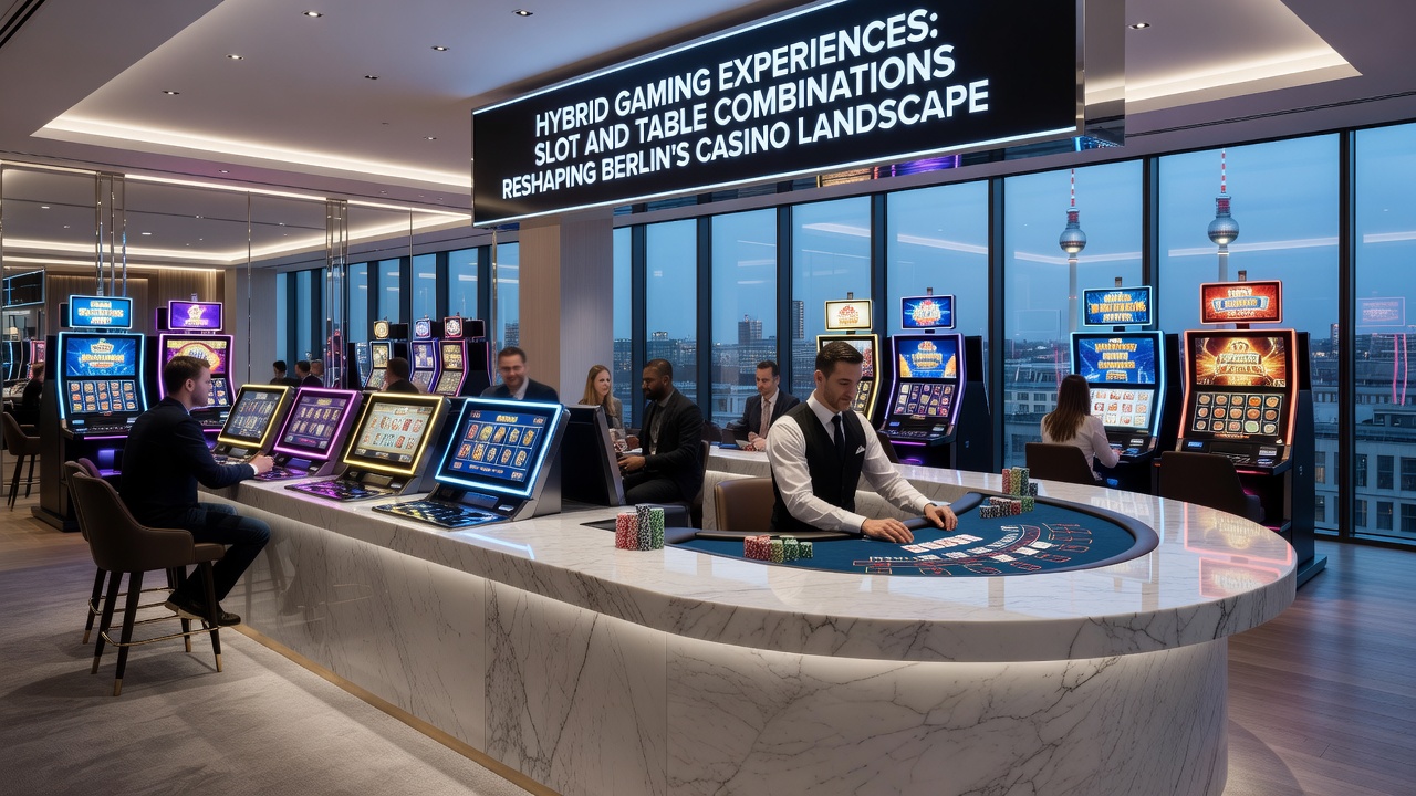 Close-up of a Berlin casino area where slot machines border live table games with players transitioning between them