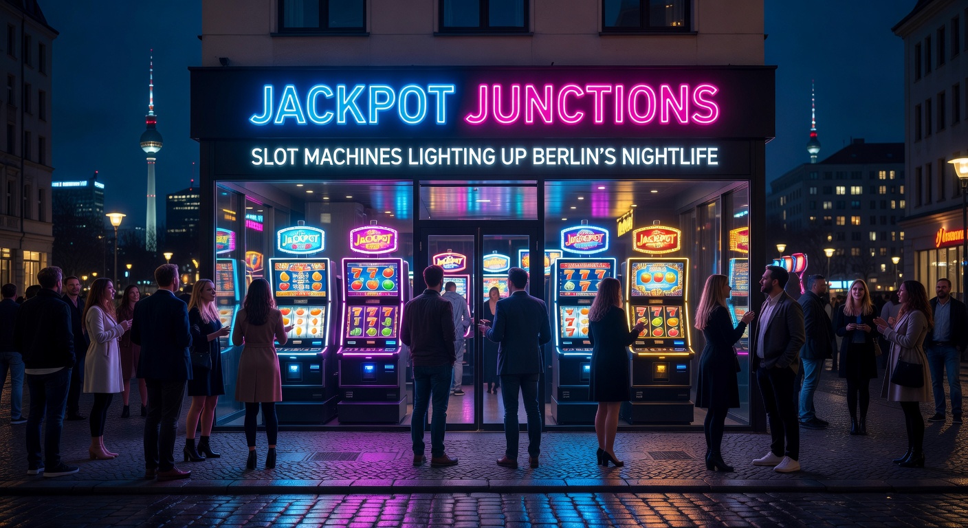 Bunte Lichter von Spielautomaten erhellen eine belebte Berliner Straße bei Nacht, mit Menschenmengen davor