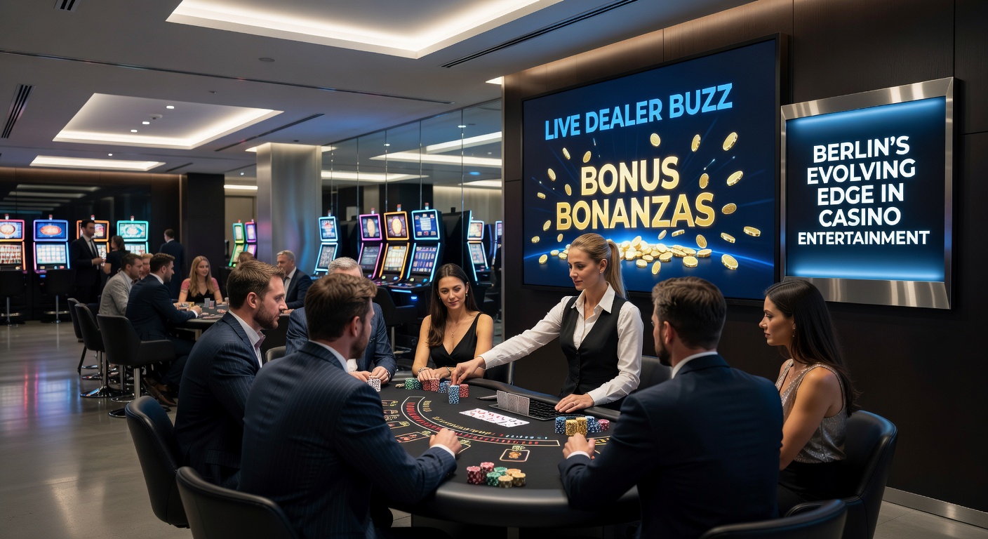 Bunte Bonus-Anzeigen auf einem Casino-Bildschirm mit Live-Dealer-Hintergrund und explodierenden Gewinn-Animationen
