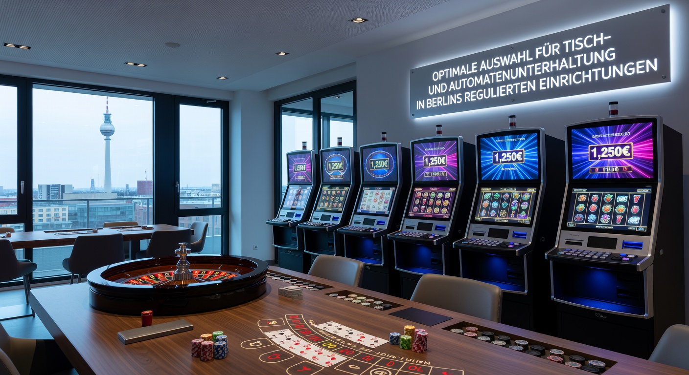 Blick auf einen belebten Spieltisch mit Roulette und Blackjack in einer regulierten Berliner Einrichtung, umgeben von modernen Automaten