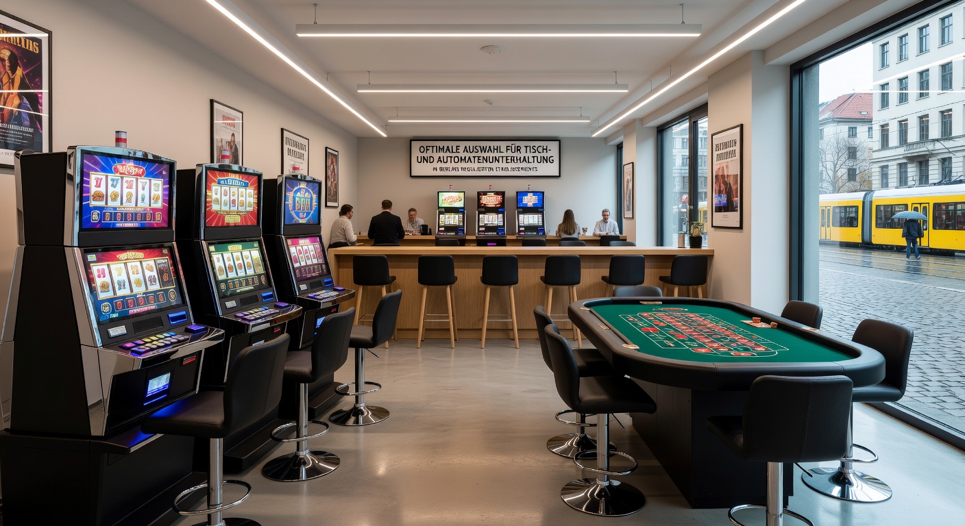 Moderne Spielautomaten mit bunten Displays in einer Berliner regulierten Einrichtung, im Hintergrund ein Poker-Tisch