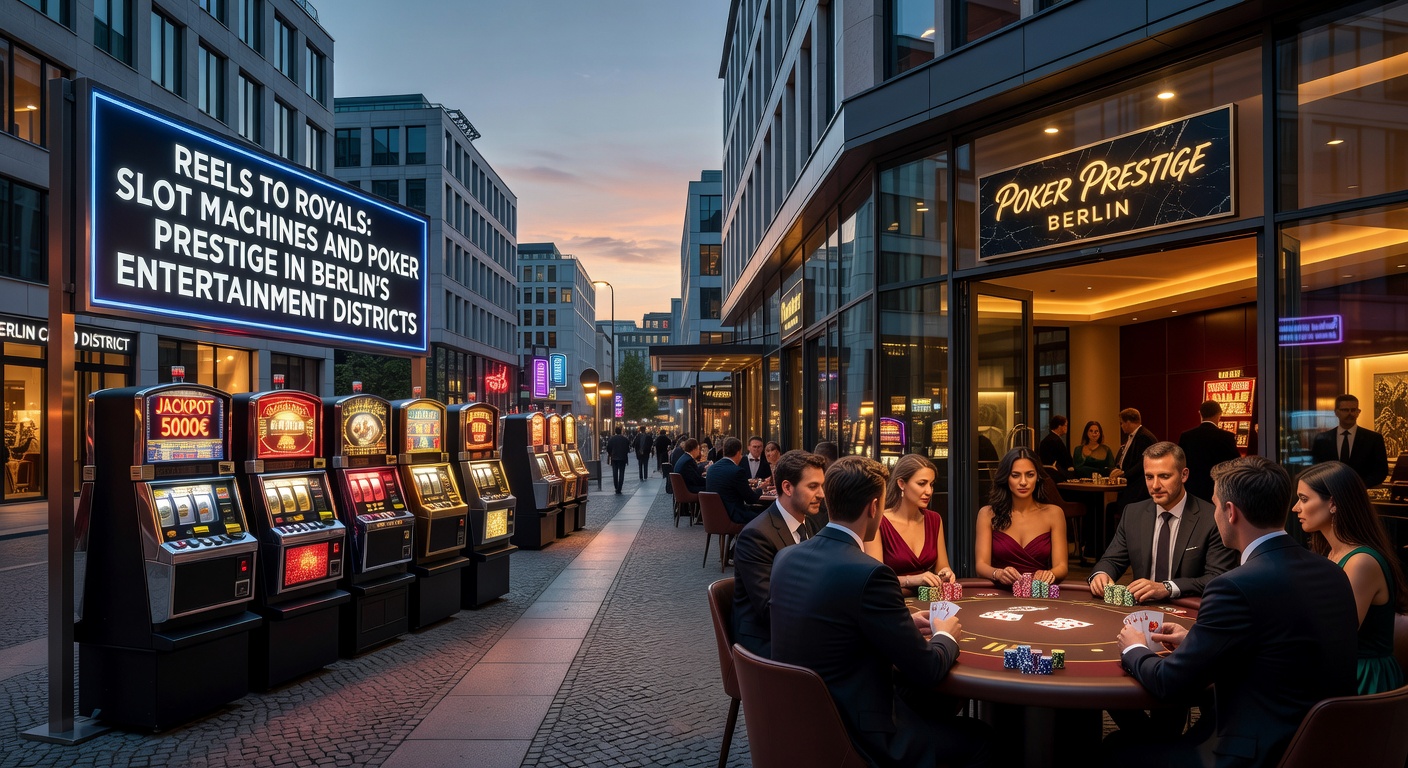 Leuchtende Slot-Maschinen und Poker-Tische in einem belebten Berliner Unterhaltungsviertel bei Nacht, umgeben von Neonlichtern und Partygästen