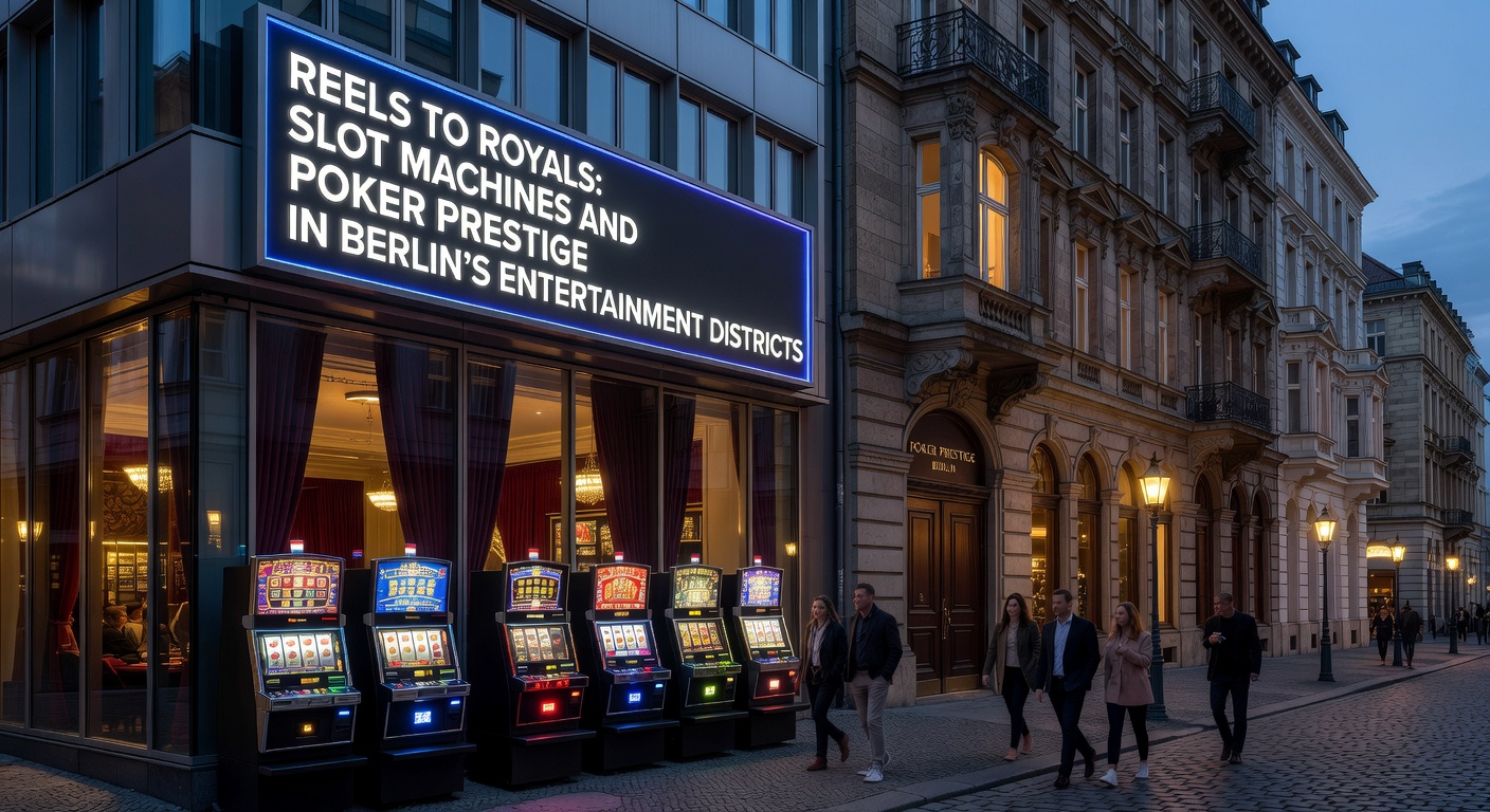Intensives Poker-Turnier in einem Berliner Casino mit konzentrierten Spielern am grünen Filztisch, Stapel von Chips und Dealer im Einsatz