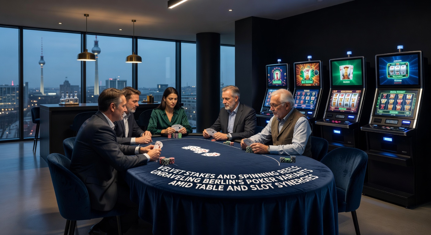 Detaillierte Ansicht eines Poker-Tisches mit Samtbezug und leuchtenden Slot-Maschinen im Hintergrund, typisch für Berlins Casino-Atmosphäre