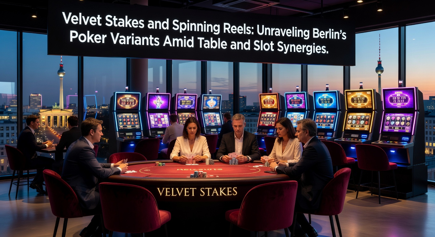 Nahaufnahme drehender Slot-Walzen neben einem Poker-Turnier in einem Berliner Casino, beleuchtet von Neonlichtern