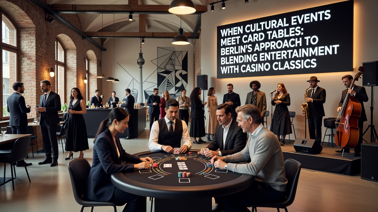 Berliner Casino mit kulturellen Elementen und Besuchern an Spieltischen während einer Veranstaltung