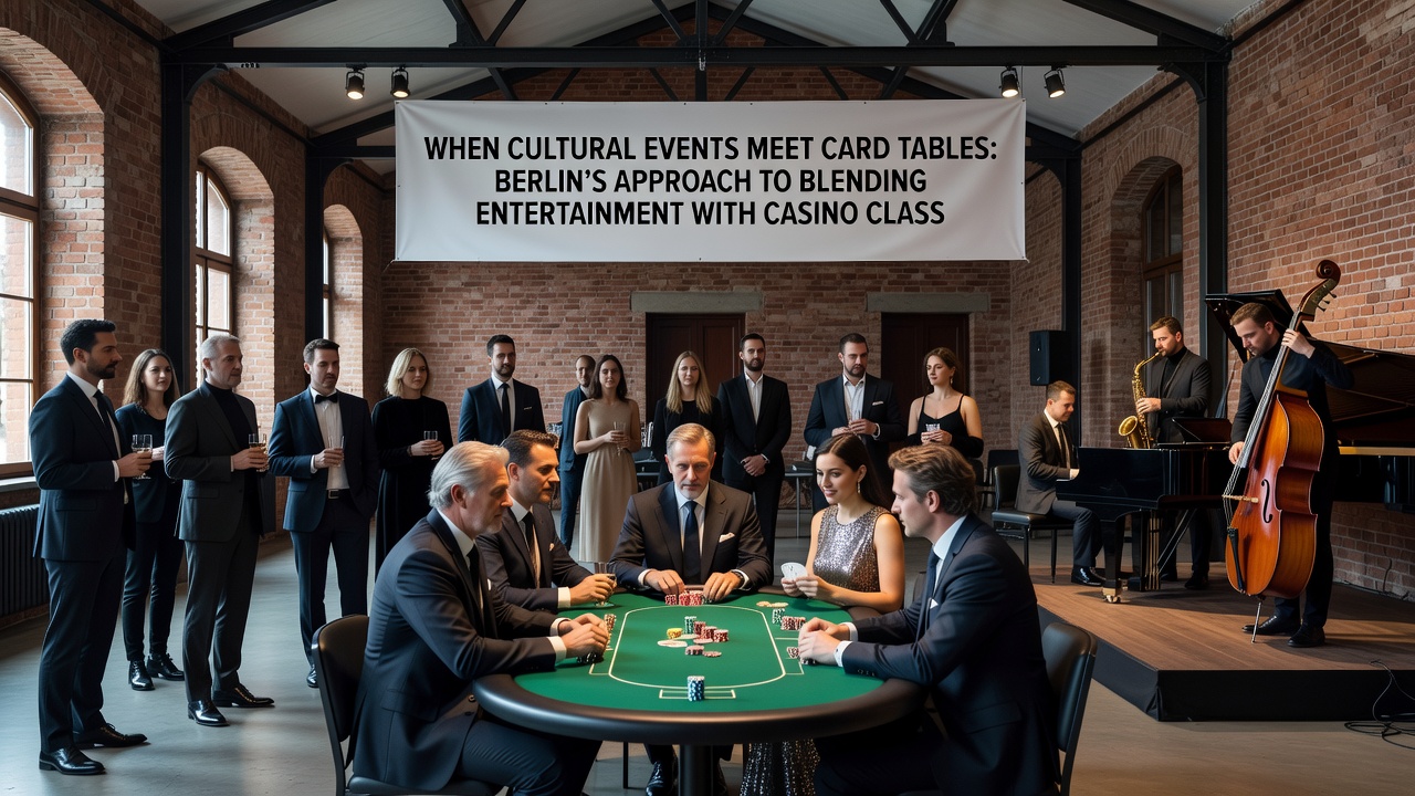 Gruppe von Teilnehmern an einem Roulette-Tisch während einer Berliner Kulturnacht mit künstlerischen Installationen im Hintergrund