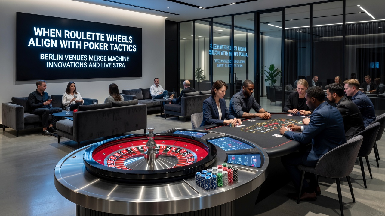 Detailaufnahme eines hybriden Spielbereichs in Berlin mit digitalen Anzeigen für Roulette und Poker-Taktiken